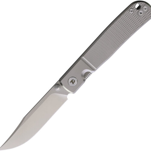 Dreamtech framelock folding knife with titanium gray handle and sleek blade.