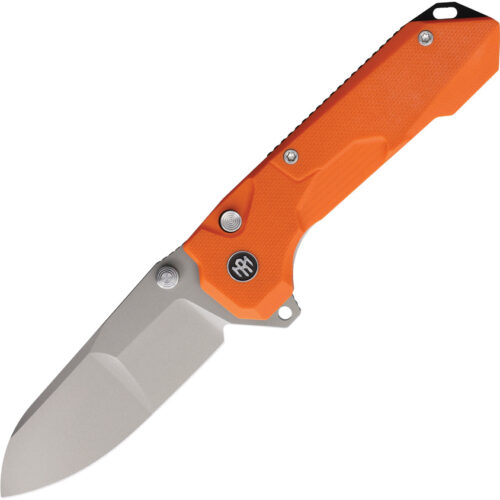 Remette Cosmic button linerlock folding knife with orange G10 handle and 2.88-inch sandblast 14C28N drop point blade.