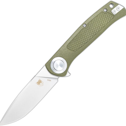 CobraTec Scout folding knife with bright green handle and OD green VG-10 blade.