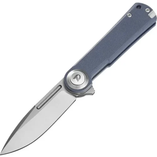 Dreamtech button lock folding knife with blue G10 handle and stainless blade.