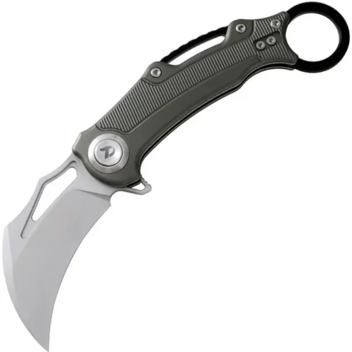 Dreamtech button lock karambit with gray handle and curved blade.