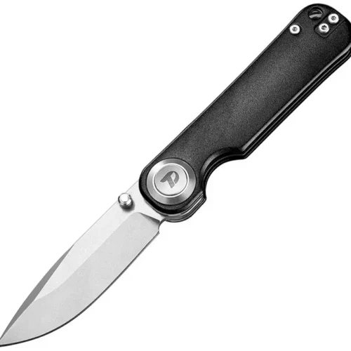 Dreamtech button lock folding knife with black aluminum handle and stainless blade.