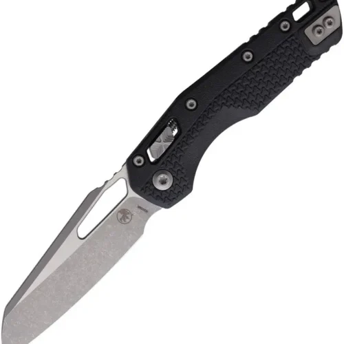 Microtech MSI Ram-Lok folding knife with Tri-Grip black handle and Apocalyptic blade.