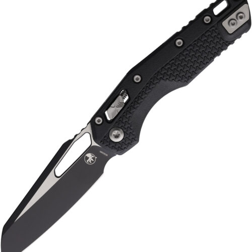 Microtech MSI Ram-Lok folding knife with Tri-Grip black handle and two-tone blade.