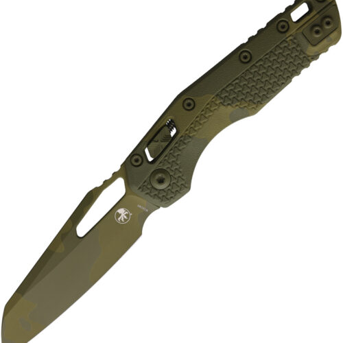 Microtech MSI Ram-Lok folding knife with Tri-Grip camo handle and two-tone blade.