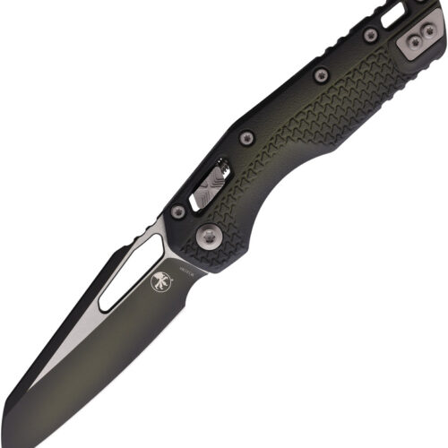 Microtech MSI Ram-Lok folding knife with Tri-Grip green handle and two-tone blade.