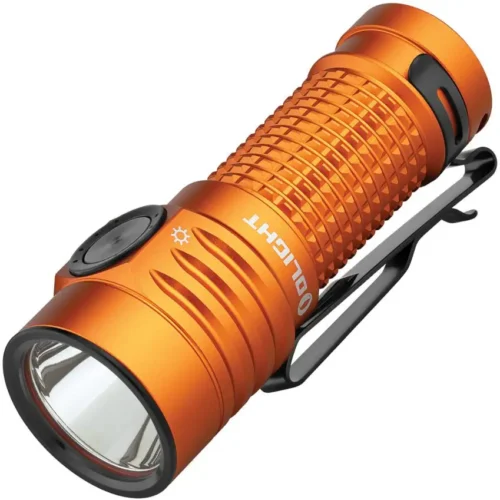 Olight Baton Turbo flashlight in orange cool white with high-lumen beam and rugged build.
