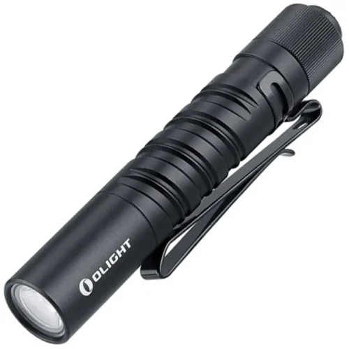 Olight i3T EOS mini flashlight in black with slim body and tail switch activation.