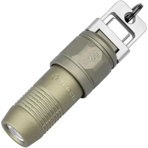 Olight iUltra keychain light in olive green with high-output LED and compact body.