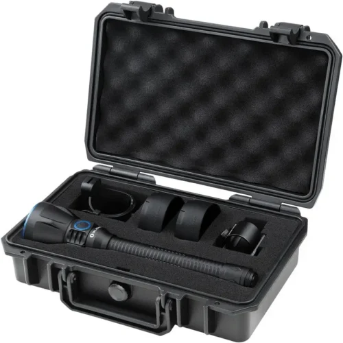 Olight Javelot Turbo 2 flashlight in black with long-distance throw and charging kit.