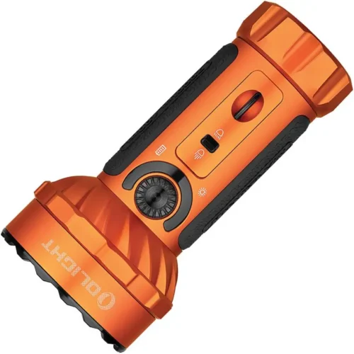 Olight Marauder Mini flashlight in orange with high-output LED and dual-beam capability.