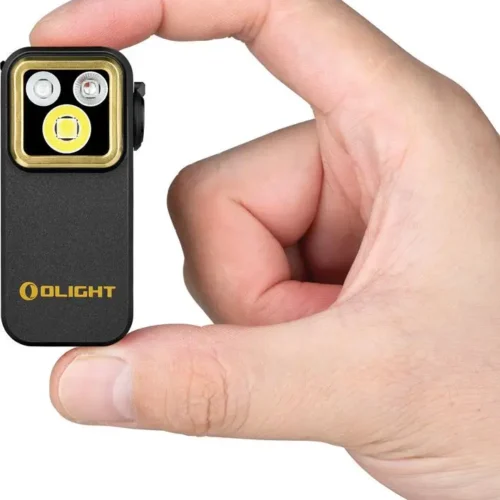 Olight Oclip Pro clip light in stealth black with magnetic mount and wide-beam LED.