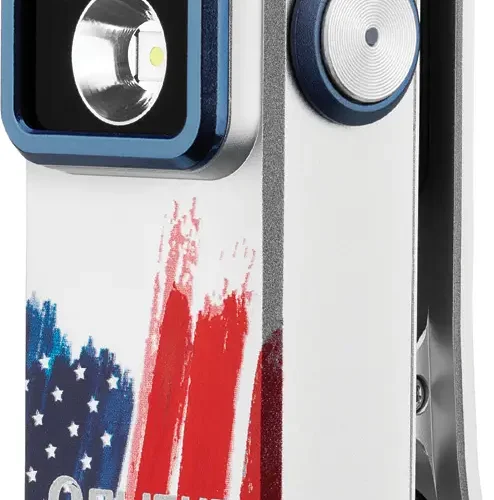 Olight Oclip Pro Stars edition clip light with patriotic artwork and dual LEDs.