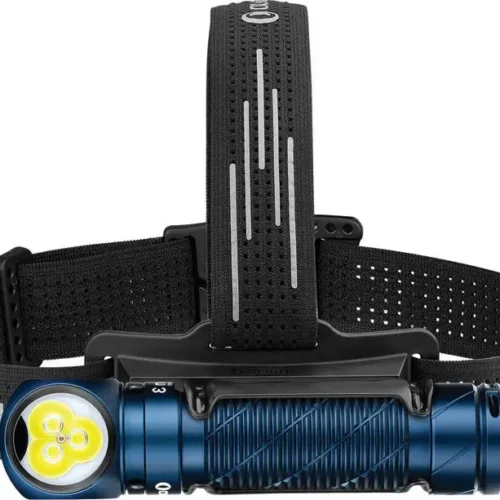 Olight Perun 3 headlamp in Midnight Blue with right-angle LED and magnetic charging.