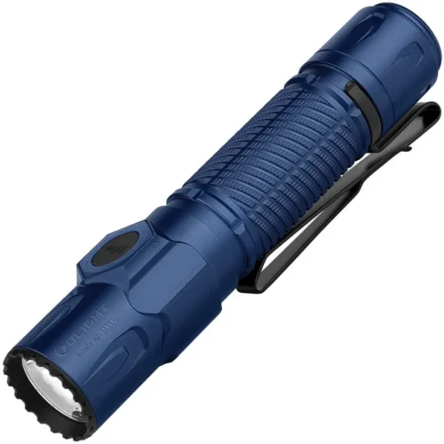 Olight Warrior Ultra flashlight in navy blue with high-output tactical beam.