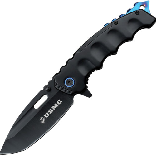 USMC assisted-opening framelock folding knife with blue handle and stainless blade.
