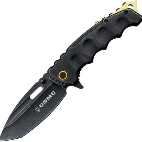 USMC assisted-opening framelock folding knife with gold handle and stainless blade.