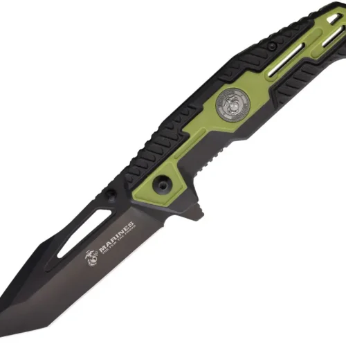 USMC assisted-opening linerlock folding knife with black and green handle.