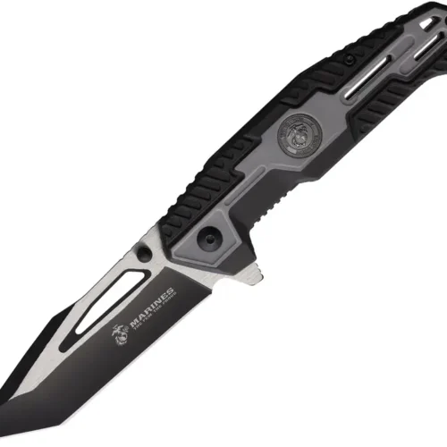 USMC assisted-opening linerlock folding knife with black and gray handle.