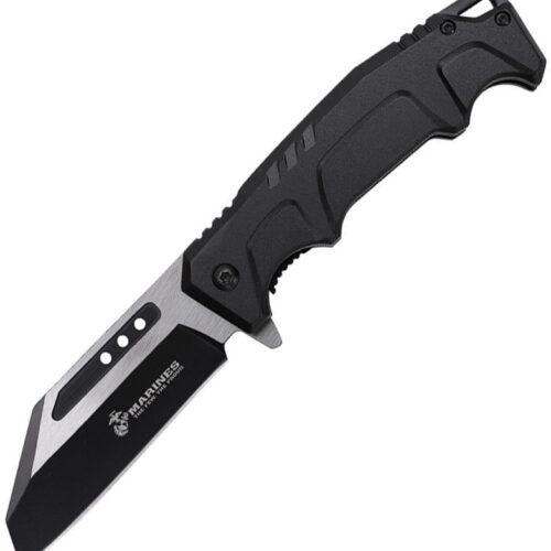 USMC assisted-opening linerlock folding knife with black handle.
