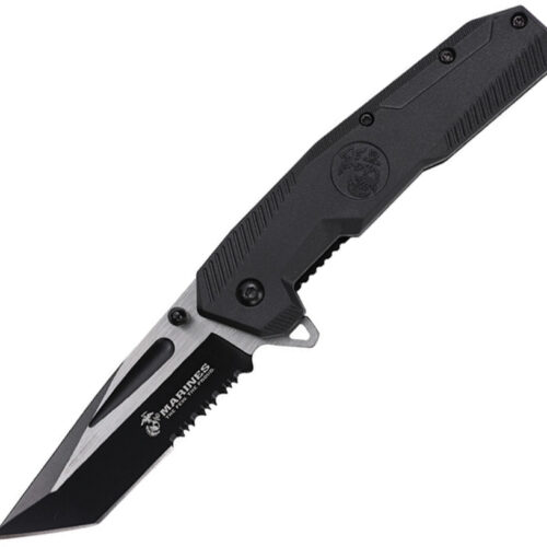 USMC assisted-opening linerlock folding knife with black handle.