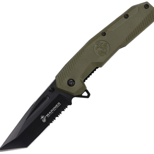 USMC assisted-opening linerlock folding knife with green handle.