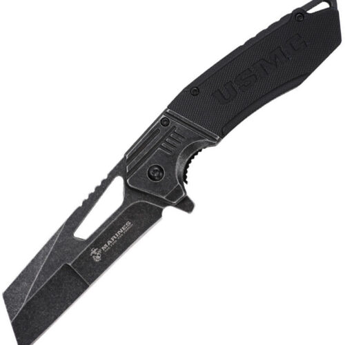 USMC assisted-opening linerlock folding knife with black handle.