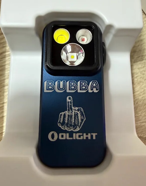Navy blue Olight Oclip laser engraved with BUBBA in 3D block letters above a hand gesture graphic