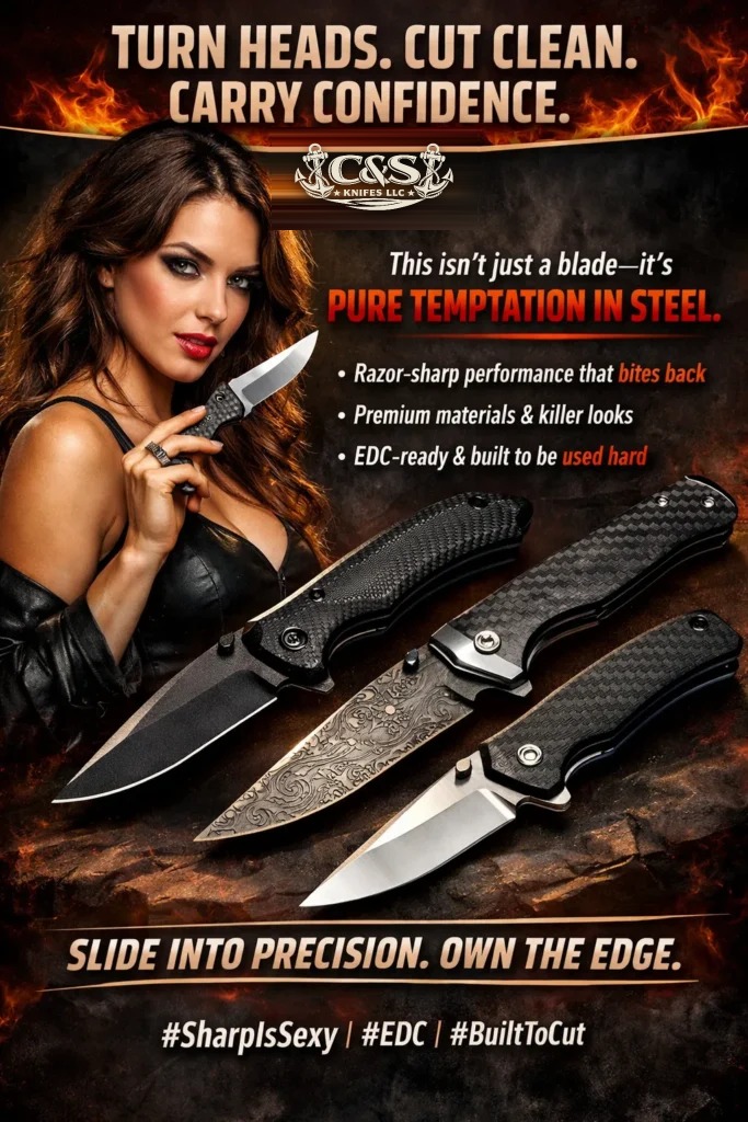 C&S Knifes LLC promo poster — Turn heads. Cut clean. Carry confidence. Three premium EDC folding knives with carbon fiber and Damascus blades.
