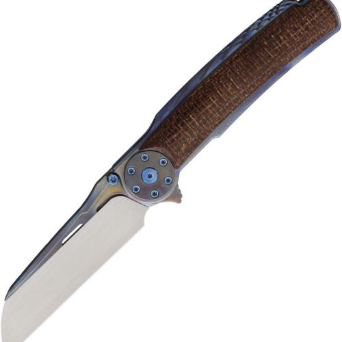 Reate Knives Jack 2.0 Framelock open, showing the two-tone M390 sheepsfoot blade, flame titanium handle and brown burlap micarta onlay.