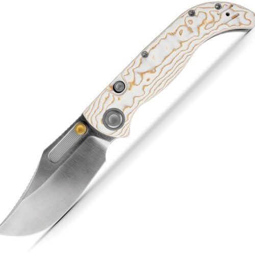 Vosteed Naga Top Linerlock open, satin S35VN clip point blade with ivory drift bamboo micarta handle.