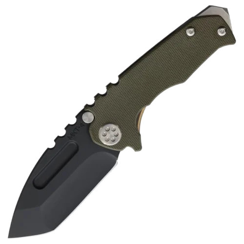 Medford Micro G framelock folder shown open, black DLC coated S45VN stainless tanto blade and OD green G10 handle