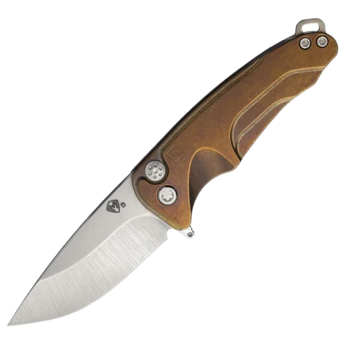 Medford Smooth Criminal button lock folder shown open, tumbled finish S45VN stainless drop point blade and bronze tumbled titanium handle